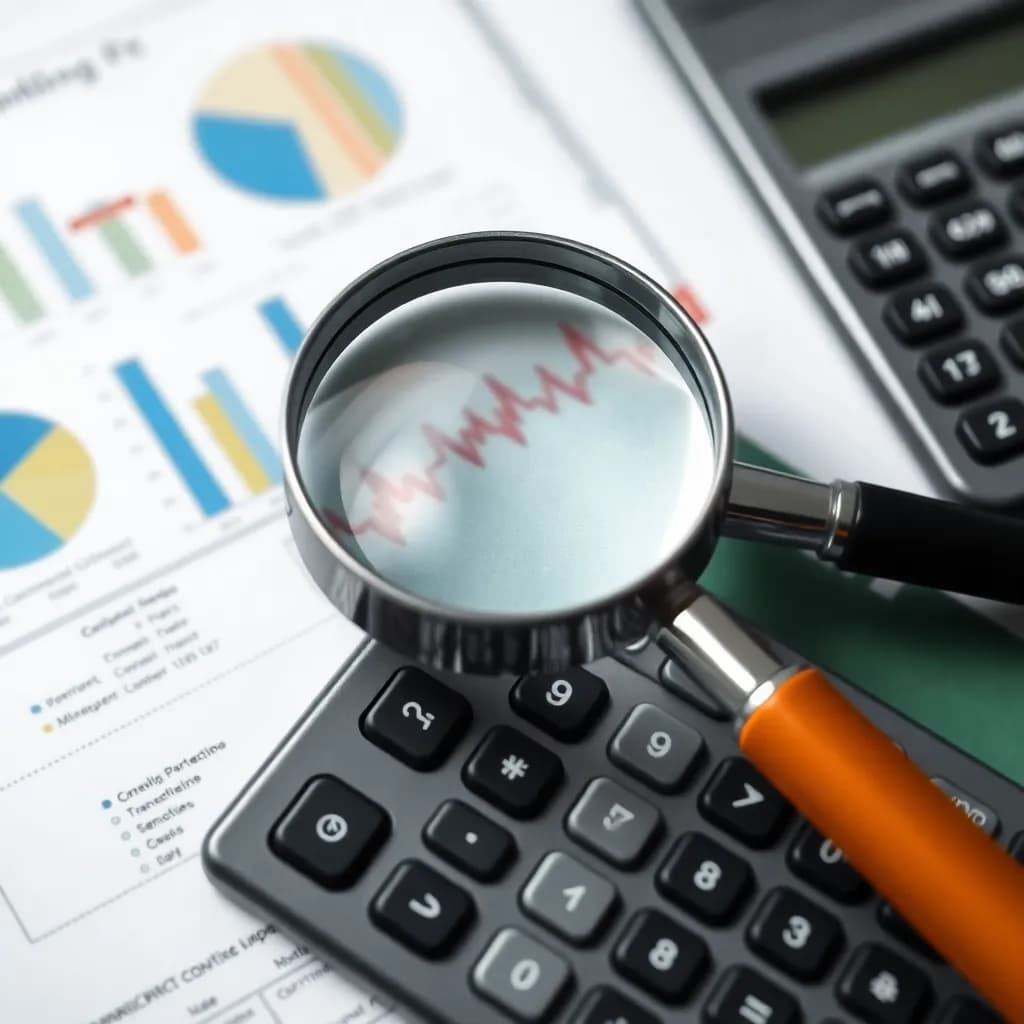 Magnifying glass over a calculator and charts